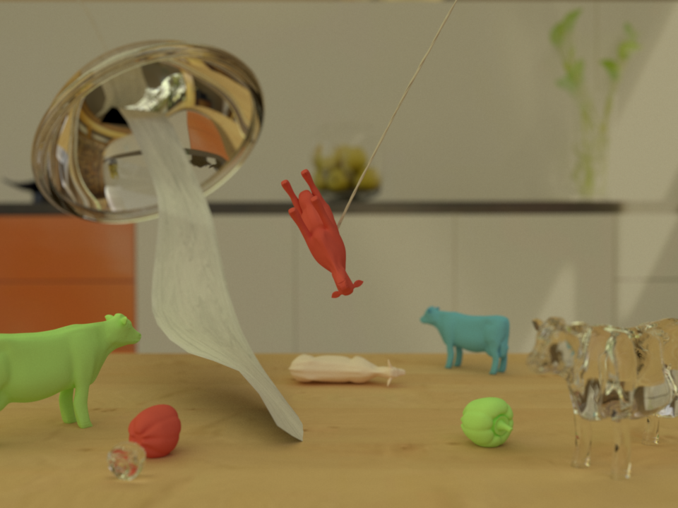 Render of some cow toys of different materials on a kitchen